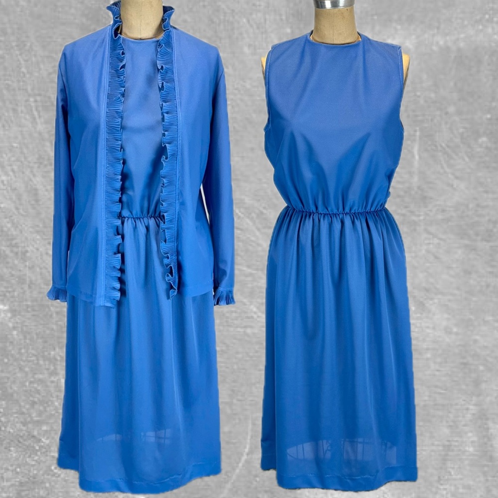 VINTAGE 70s electric blue 2 piece midi‎ dress set pleated ruffle jacket blazer